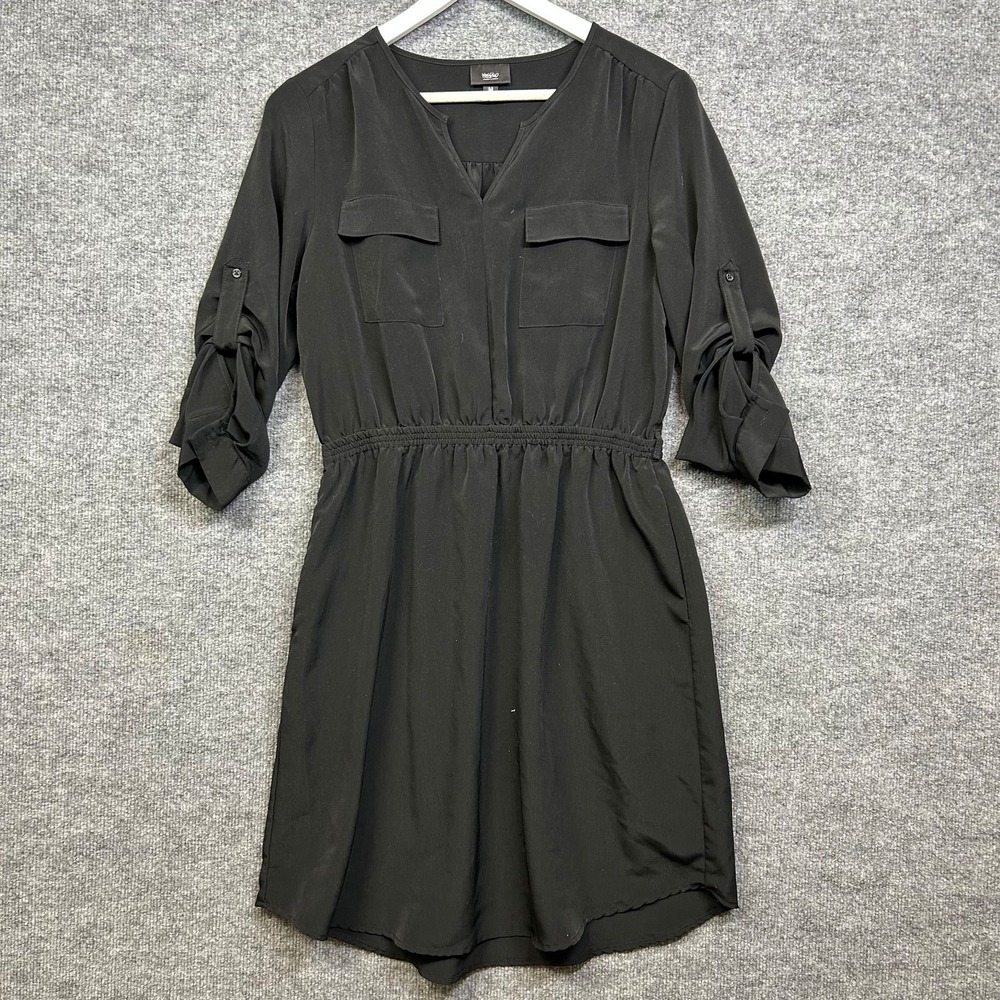 Mossimo Shirt Dress Womens M Black Good Elastic Waist Roll Tab Sleeve V-Neck